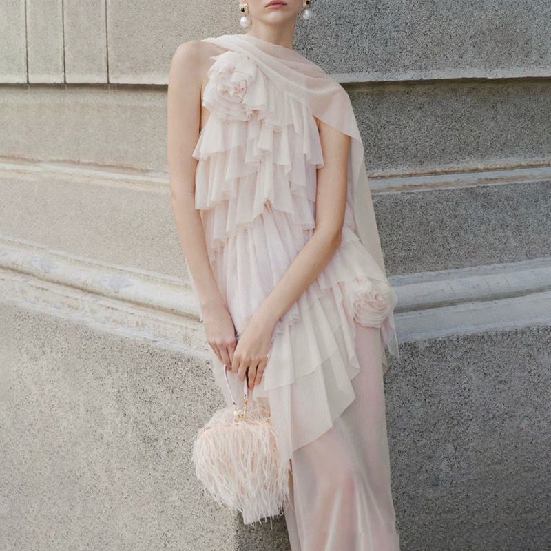 Soft Mist Nude Pink! Multi-Layered Stretch Mesh Dress with Ribbons, 3D Floral Embellishments, and a Backless Ethereal Long Gown