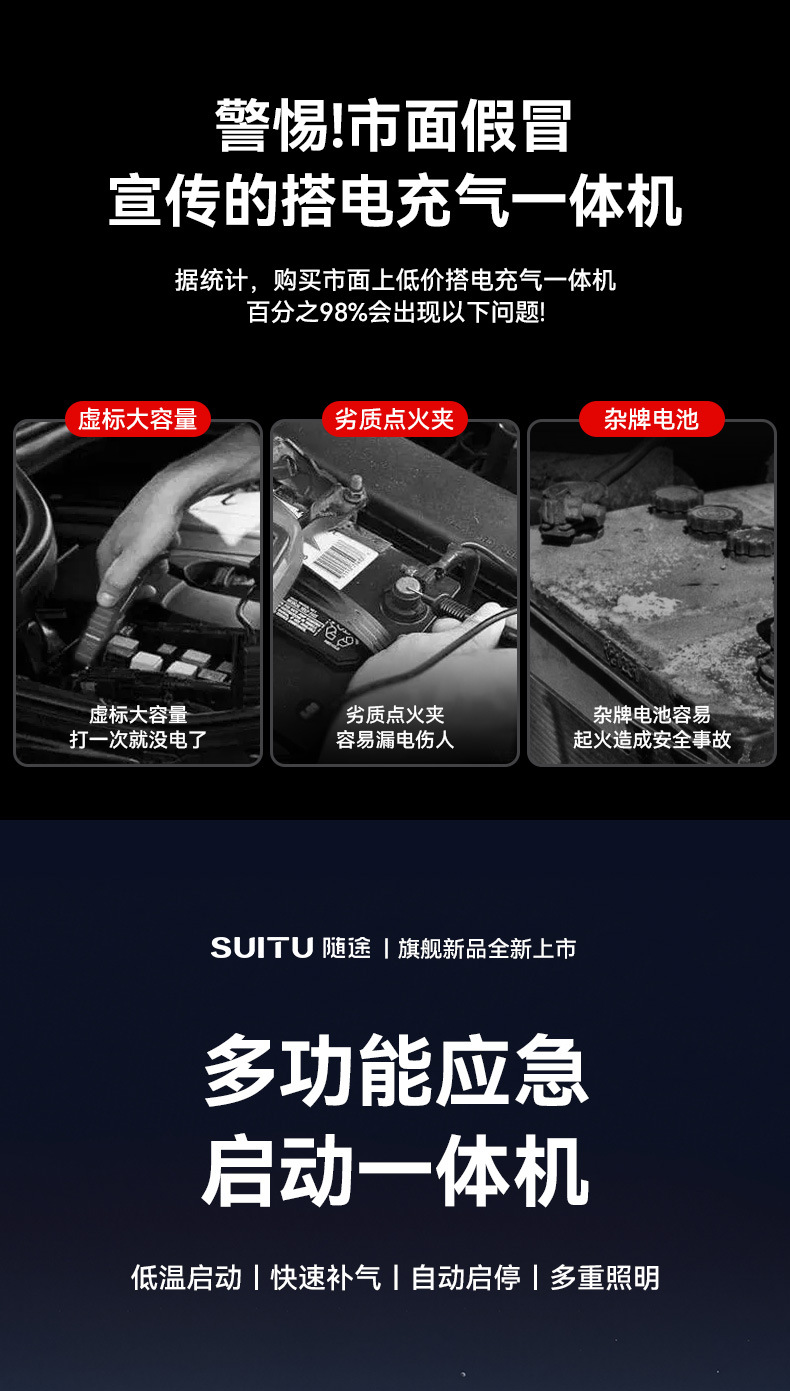 Car Wireless Air Pump, Portable Car Air Pump, Emergency Starting Power Supply, Power Bank, Multi-Functional Artifact