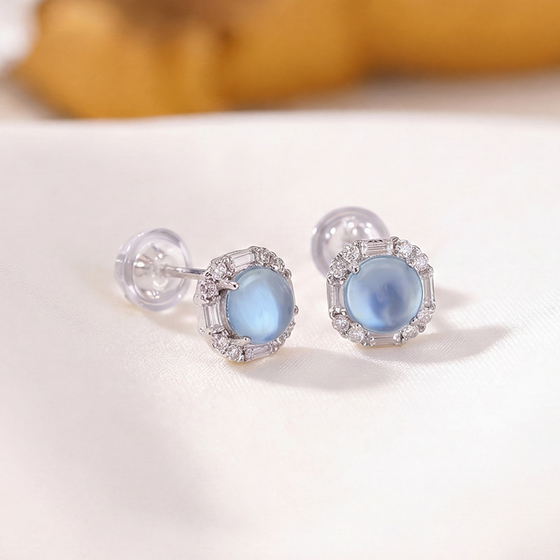 Khuyên tai bạc S925 hình tròn đính đá xanh biển phong cách đơn giản — Cặp đôi