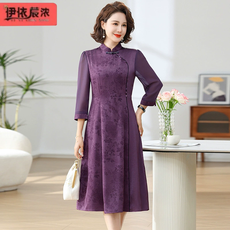 Темпераментная мама летнее платье с короткими рукавами с короткими рукавами 50-летняя женщина леди средних лет миссис Куо атласное платье среднего и длинного платья оптом