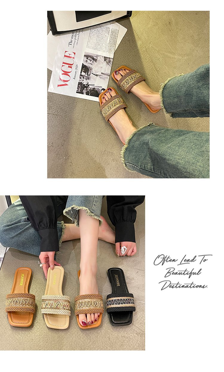 Große einreihige Hausschuhe mit flacher Sohle für Damen im ethnischen Stil, gewebte Strandsandalen mit quadratischer Zehenpartie_voghion.com