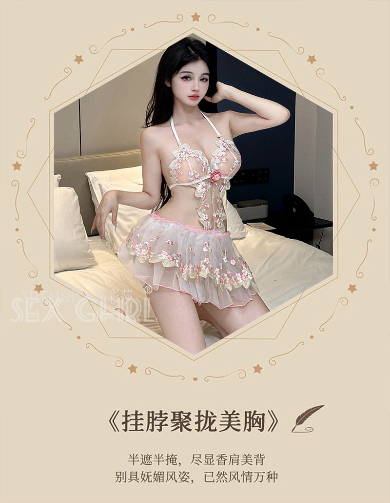 Xiu Cai Sha Lace Embroidery Sheer Babydoll Set with Skirt, Thong and Stockings — detail image 9