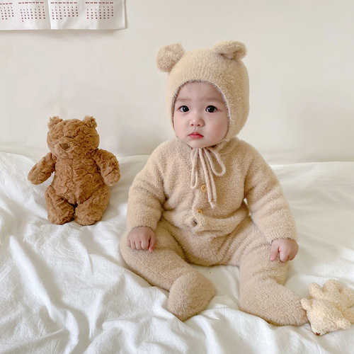 Internet celebrity ins baby autumn jumpsuit baby 100-day clothes mink velvet cute bear foot-covering crawl suit for going out