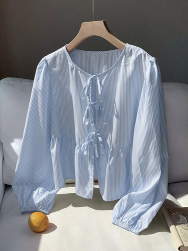 Women's striped front-laced long-sleeved casual top