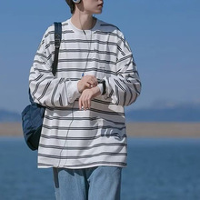 条纹衫长袖男春秋款ins长款T恤男宽松高街刺绣长袖T恤