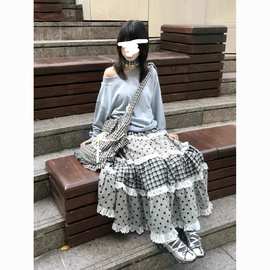 新款多层花边格子薄点拼接大摆A字长裙百搭日系少女四季可穿半裙