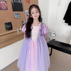 女童長髮公主樂佩紫色連衣裙新款夢幻泡泡袖網紗裙