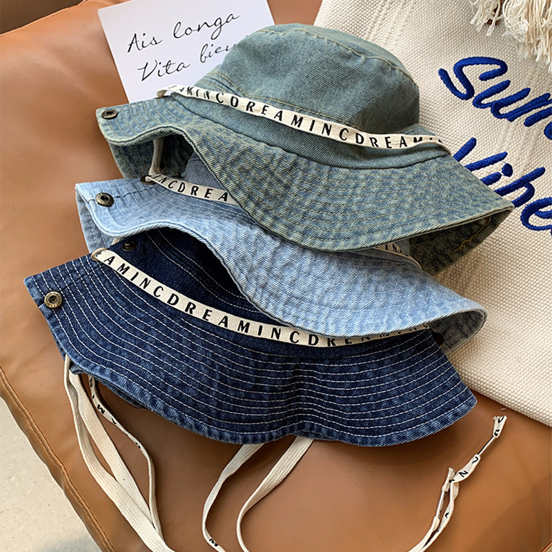 Gorra de pescador con cordones de letras retro coreanas para mujer, sombrero de lavabo de todo fósforo casual de primavera y verano, sombrero de montañismo de mezclilla occidental
