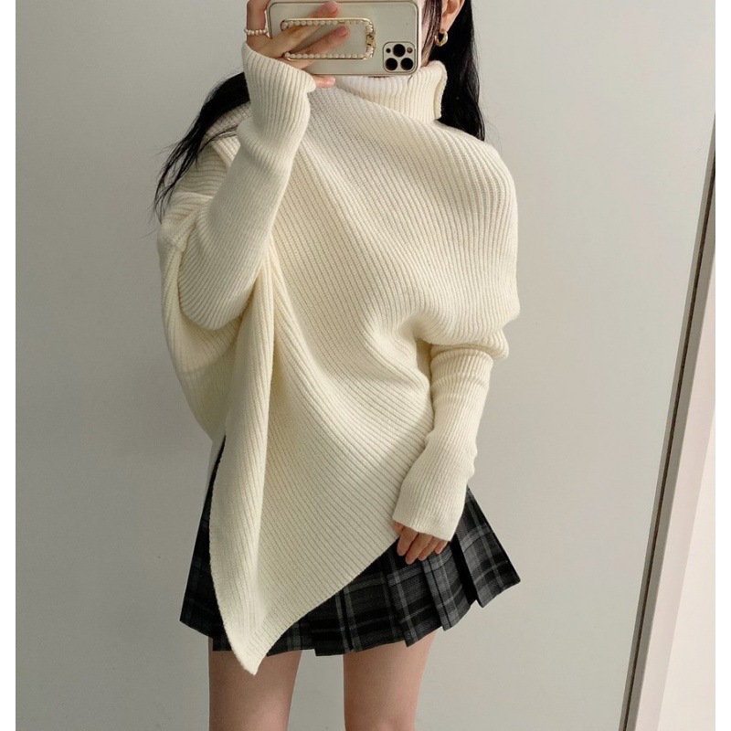 the republic of korea chic Sleeve of bat High collar keep warm thickening sweater Autumn and winter Lazy Split ends Irregular Sweater