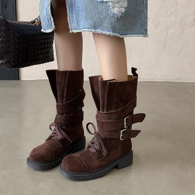 Boot cao bồi cổ trung bình da bò lộn phong cách retro, gót thấp khóa thắt lưng — đen, màu nâu sẫm, kaki