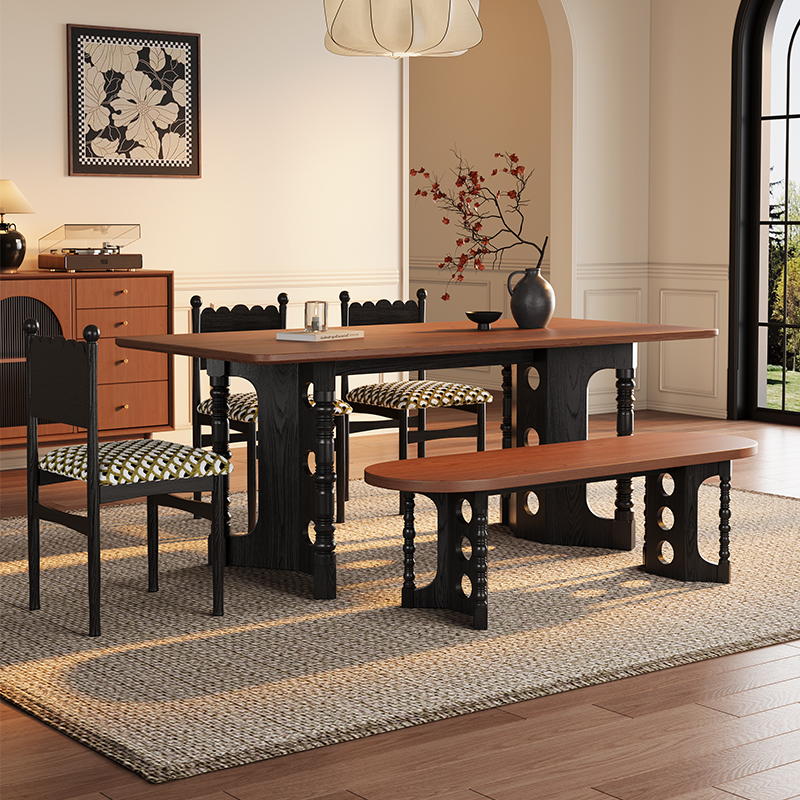 Luxurious Mid-Century Style Rectangular French Round Dining Table for Home Small Apartment Solid Wood Slate Dining Table and Chairs Set
