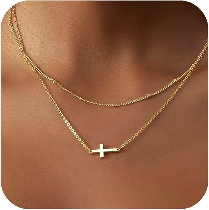 Cross-border Europe and the United States sub-layered wearing necklace women's simple beaded cross necklace women's short clavicle chain wholesale