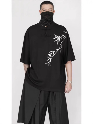 Summer new Chinese style buckle short-sleeve T-shirt, male minority bamboo embroidery design, retro national style half-sleeve top