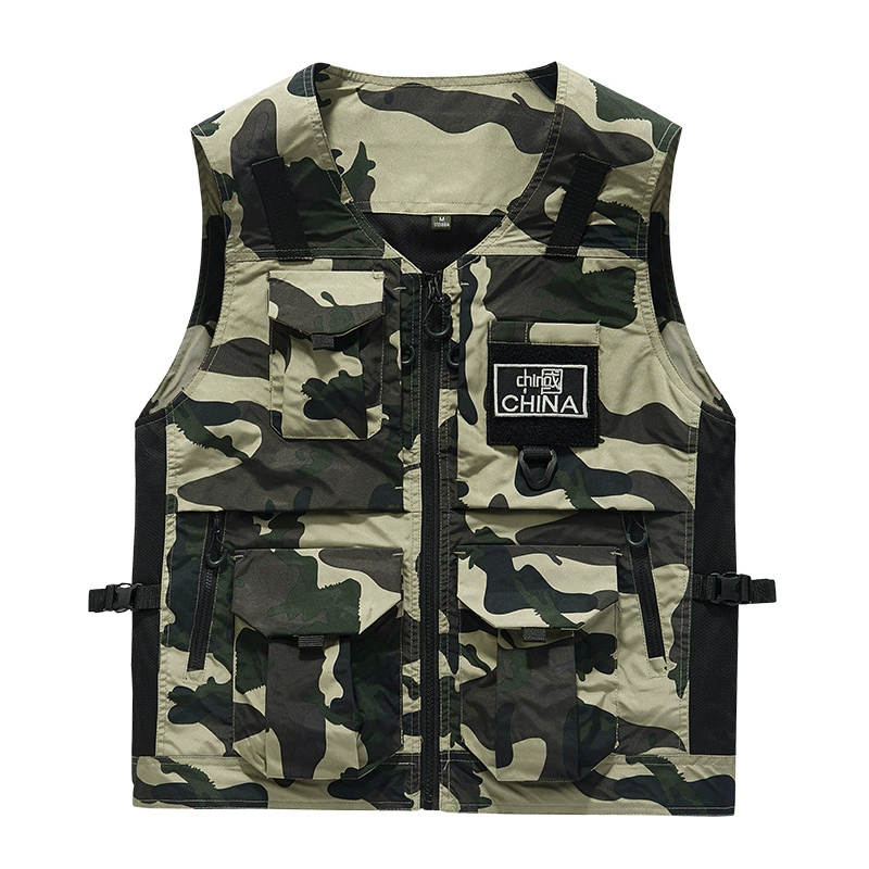 Китайский стиль мужской жилет 2023 осень Открытый камуфляж трехмерный нашивка сумка воротник-стойка для отдыха платье жилет мужской