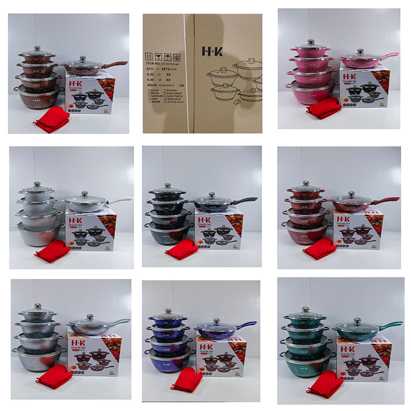 Olla antiadherente de aluminio Olla de sopa de arroz de trigo Olla de fundición a presión con tapa de vidrio coreana multifuncional Juego de ollas de cocina de 12 piezas