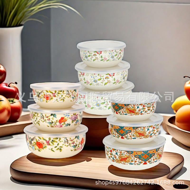 Cross-Border Three-Piece Set of Sealed Round-Bottom Ice Bowls with Lids, Enamel Refrigerator Storage Bowls, Lunch Box, Tableware Set, Storage Box Cross-Border Three-Piece Set of Sealed Round-Bottom Ice Bowls with Lids, Enamel Refrigerator Storage Bowls, Lunch Box, Tableware Set, Storage Box