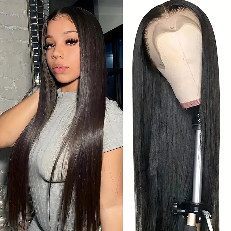 Cross-Border Front Lace Wig Black Medium Parted Long Straight Hair for Women European and American Fluffy Natural Fashion Full Hair Set in Stock