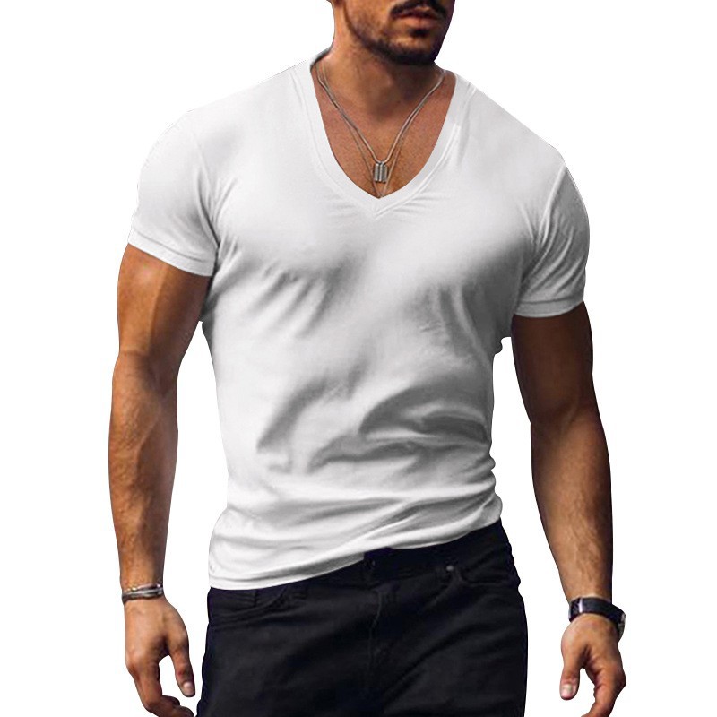 Men's Slim Fit V-neck T-shirt Solid Colour Casual Summer Style_voghion.com