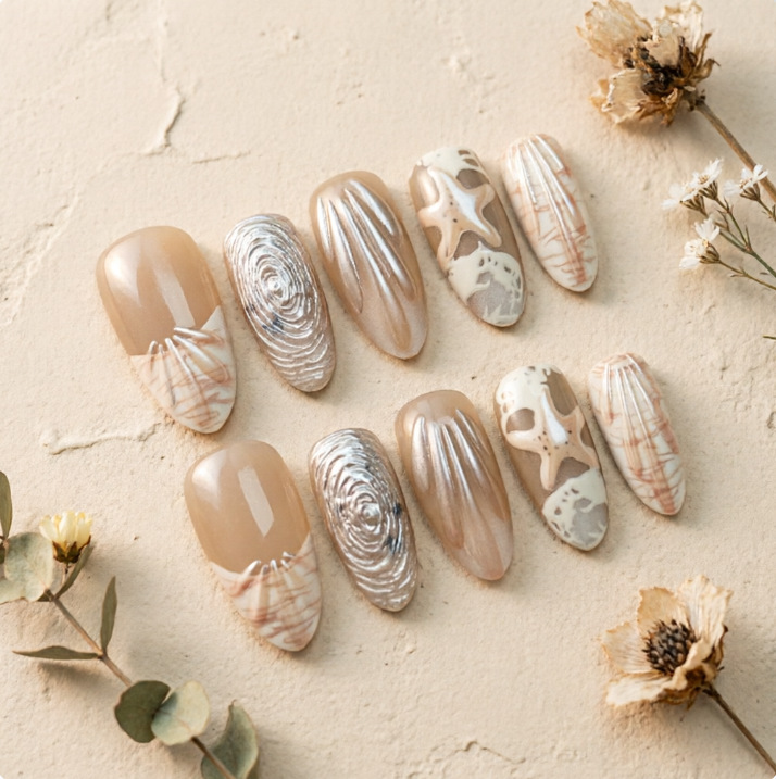 White Ocean-Themed Starfish and Shell 3D Island-Style Nail Art Stickers with an Instagram-Worthy Design