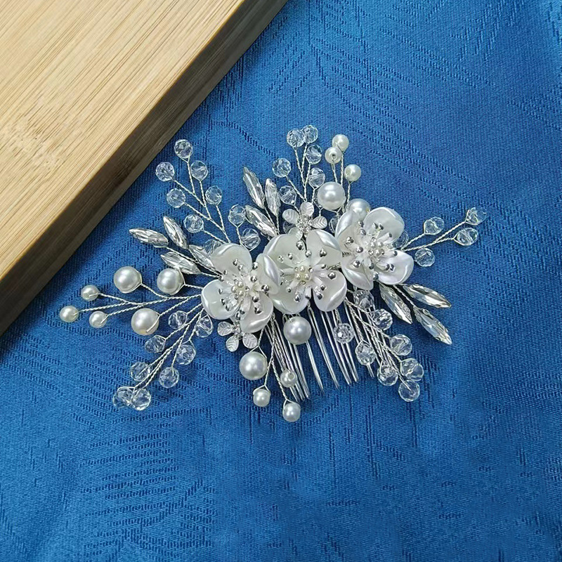 手工編織珍珠插梳女森系新娘頭飾公主風水鑽發梳氣質婚禮寫真髮飾
