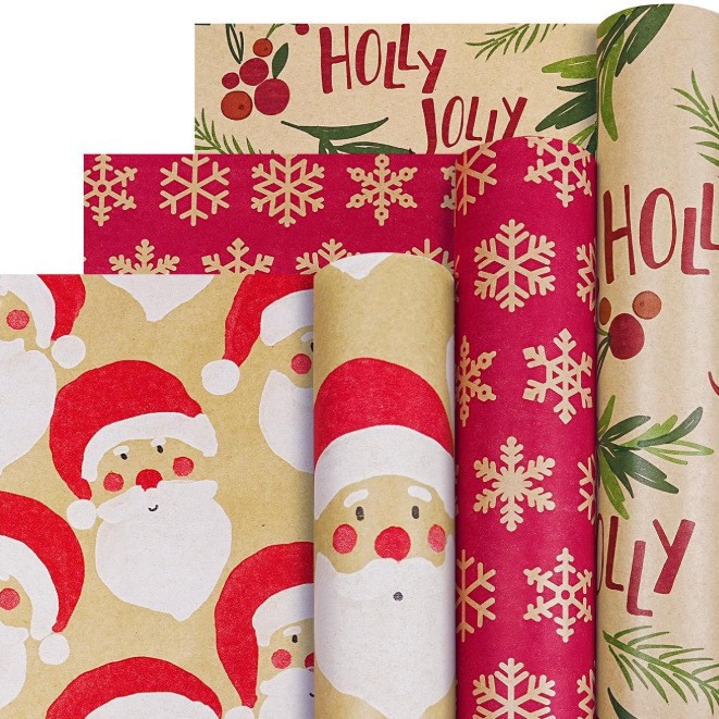 Estilo explosivo transfronterizo Papel enrollado de gran tamaño Papel de regalo de Navidad Papel kraft amarillo retro ecológico Papel de regalo de Navidad