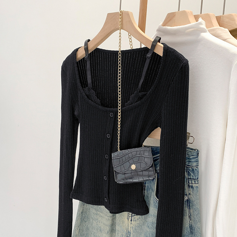 Black Sexy Spice Girl Lace Sling Inner Base T-shirt Women's Early Autumn New Unique Beautiful Slim Top