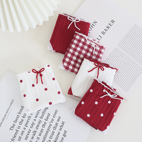 Sweet Lolita Big Red Underwear Women's Cute Sweet Girl Briefs Pure Cotton Inseam Mid-waist Women's Underwear