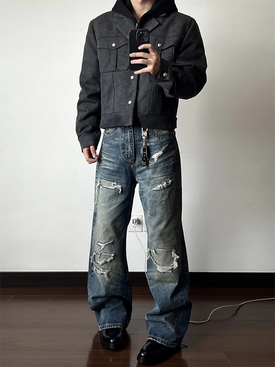 Men's Distressed Washed Denim Jeans With Rip & Frayed Details, Loose Fit Straight Leg Pants, Vintage Streetwear Style For Casual Wear_mkmklike.com