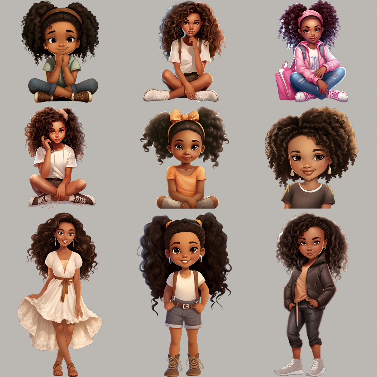 黑人小女孩系列DIY热转印烫画卡通小公主卷发蝴蝶结黑人女孩贴纸