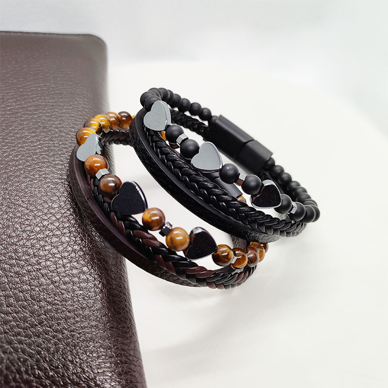 29g Weight Bracelets Classification Leather Rope Chain Material Twisted Rope Chain Chain Type 1 Piece Quantity Holiday, Daily Occasion Alloy, black gallstone Material Heart Shape Pattern All Seasons Season Men's Gender Retro Style Retro Heart Shape Alloy Black Gallstone Men's Bracelets Men Cord & Leather Bracelets 10