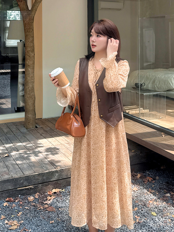 茶歇法式碎花裙两件套2025秋新款大码女装咖色马甲套装313032T21|undefined