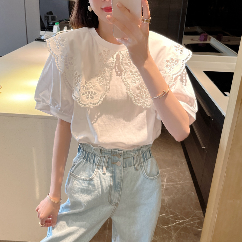 2025 Korean version of 200kg plus size women's summer hollow lotus leaf petal collar loose white casual short sleeve T-shirt tide 2025 Korean version of 200kg plus size women's summer hollow lotus leaf petal collar loose white casual short sleeve T-shirt tide