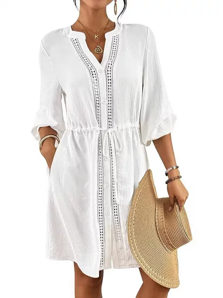 Women's Swimsuit Cover-Up V-Neck Swimsuit Cover-Up with Pockets, Drawstring, and Buttoned Beach Shirt Dress