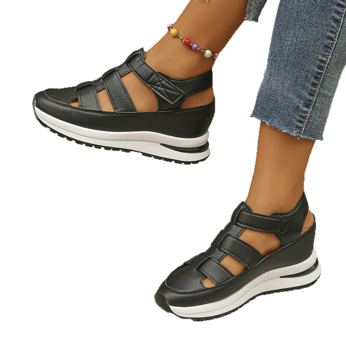 2025 Summer New Hollow Casual Breathable Thin Solid Color Wedge Sandals Platform Thick Sole Height Increasing Women's_voghion.com