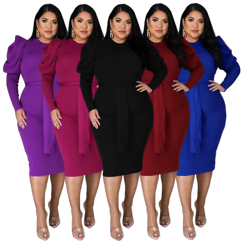 7370 Amazon ebay cross-border AliExpress foreign trade Europe and the United States women's long sleeve belt slim plus size dress