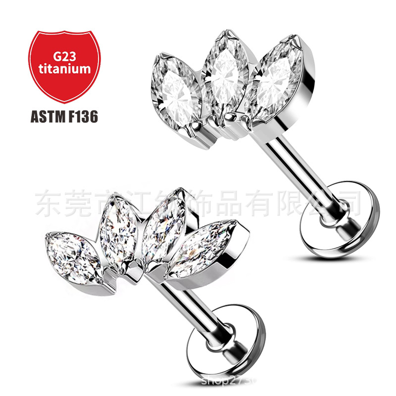 G23 titanium horse eye lip nail zircon perforated ear bone nail three leaf four leaf stone ear nail ear nail titanium alloy jewelry