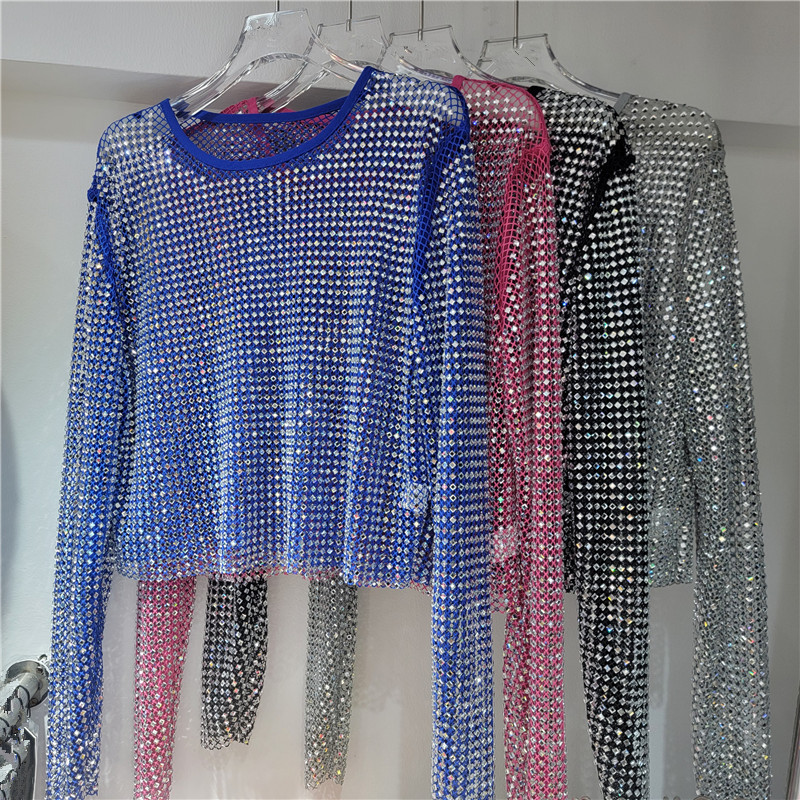 Luz de lujo de alto nivel suave chaqueta de cristal de diamante de malla super celestial dentro de la fiesta bling brillante camiseta de base vaciada