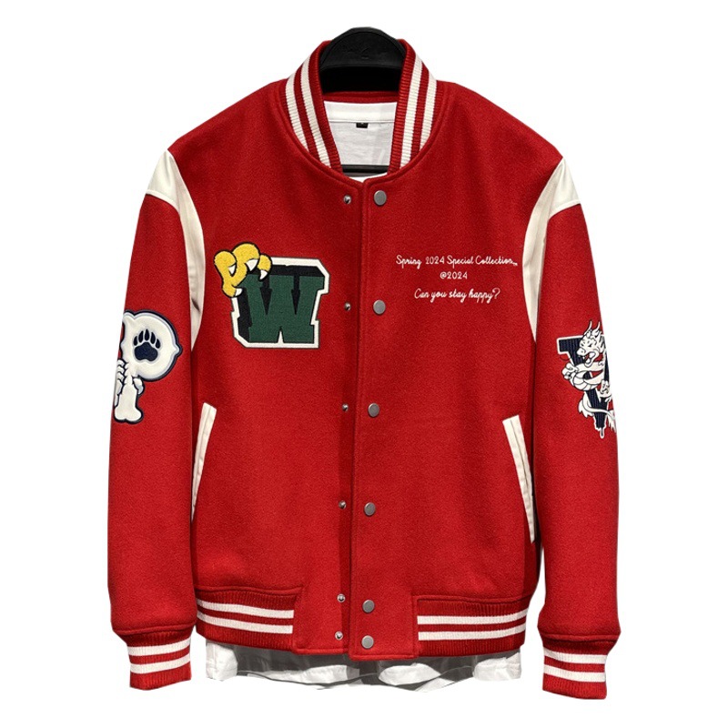 Chaqueta roja de los hombres la chaqueta 2024 primavera Año del collar soporte costura bordado Americano pareja uniforme béisbol