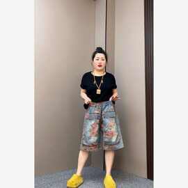 复古宽松工装大兜印花牛仔短裤夏季新款洋气字阔时尚显瘦大码潮裤