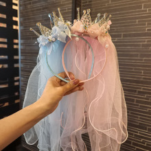 儿童头纱发箍女孩皇冠头饰女童冰雪公主头箍宝宝王冠发饰生日礼物