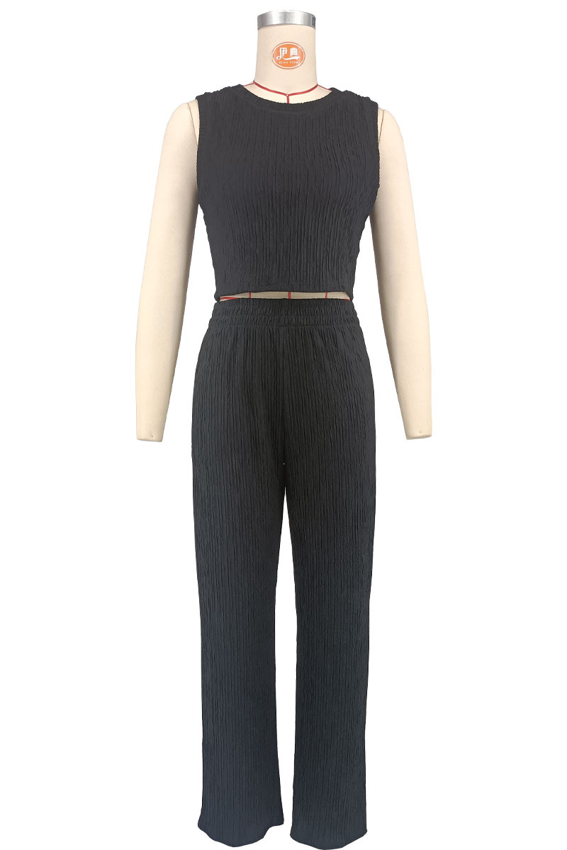 Women's Sleeveless Round Neck Solid Color Top & Long Pants Set - Breathable Polyester Spandex Blend - Casual Office Wear - Black/Maroon (S-XXL)_ecoleips.com