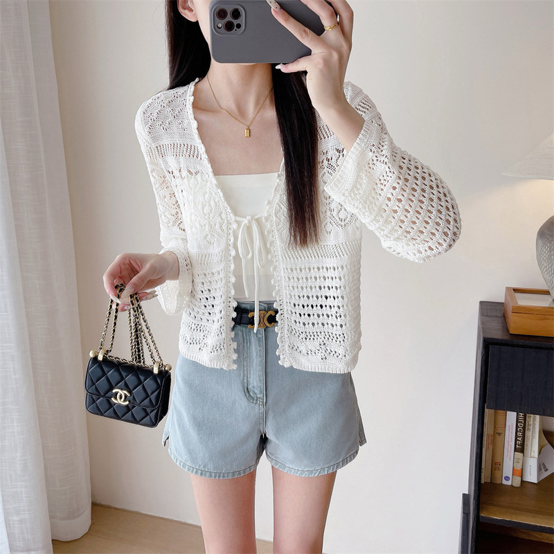Xiaohejia Summer French Classy Linen Crochet Cut Out Knitted Cardigan Top V Neck Sun Protection Long-Sleeved Blouse for Women