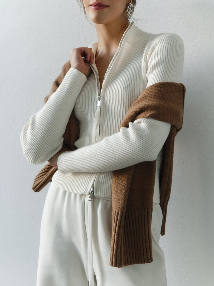 Chaqueta de manga larga delgada con cuello alto transfronterizo Europa y América 2025 otoño e invierno nuevo estilo cárdigan con doble cremallera chaqueta de punto cálida mujer