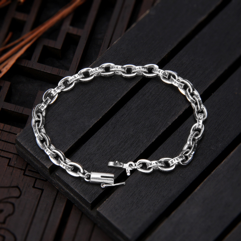 925 Silver Men's Trendy Thick 4.6mm Bracelet with Personalized Retro Handmade Cross Chain and Xizang Six-Word Mantra 925 Silver Men's Trendy Thick 4.6mm Bracelet with Personalized Retro Handmade Cross Chain and Xizang Six-Word Mantra