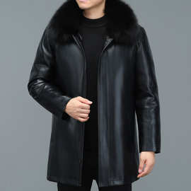 海宁大码羽绒服男士真皮皮衣中长款加厚拆卸内胆中老年风衣外套男