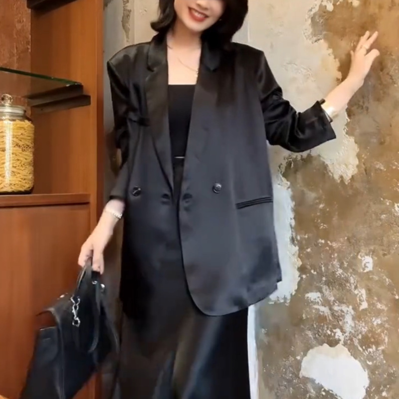 Acetate Satin Long-Sleeved Suit Jacket for Women, Autumn Thin Style, High-End Casual and Elegant Workwear Blazer