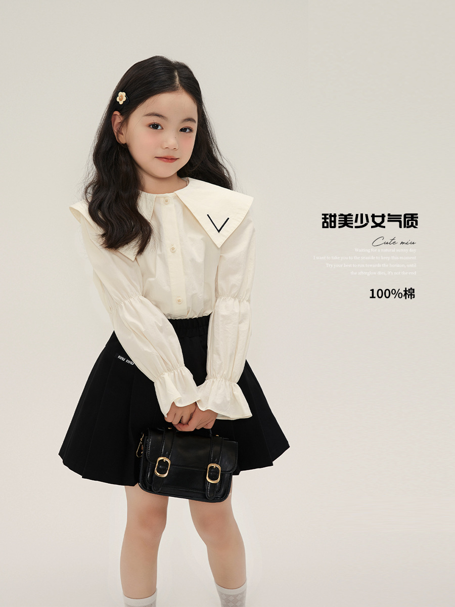 Estilo coreano dulce estilo solapa puff manga camisa de las niñas 2024 primavera nuevos niños todo-fósforo color sólido bebé camisa