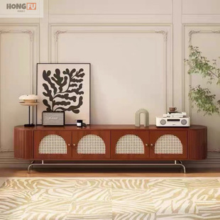 Solid Wood Rattan Coffee Table Tv Cabinet Retro Small Apartment Living Room French Combination Tv Storage Cabinet Floor-Standing Home