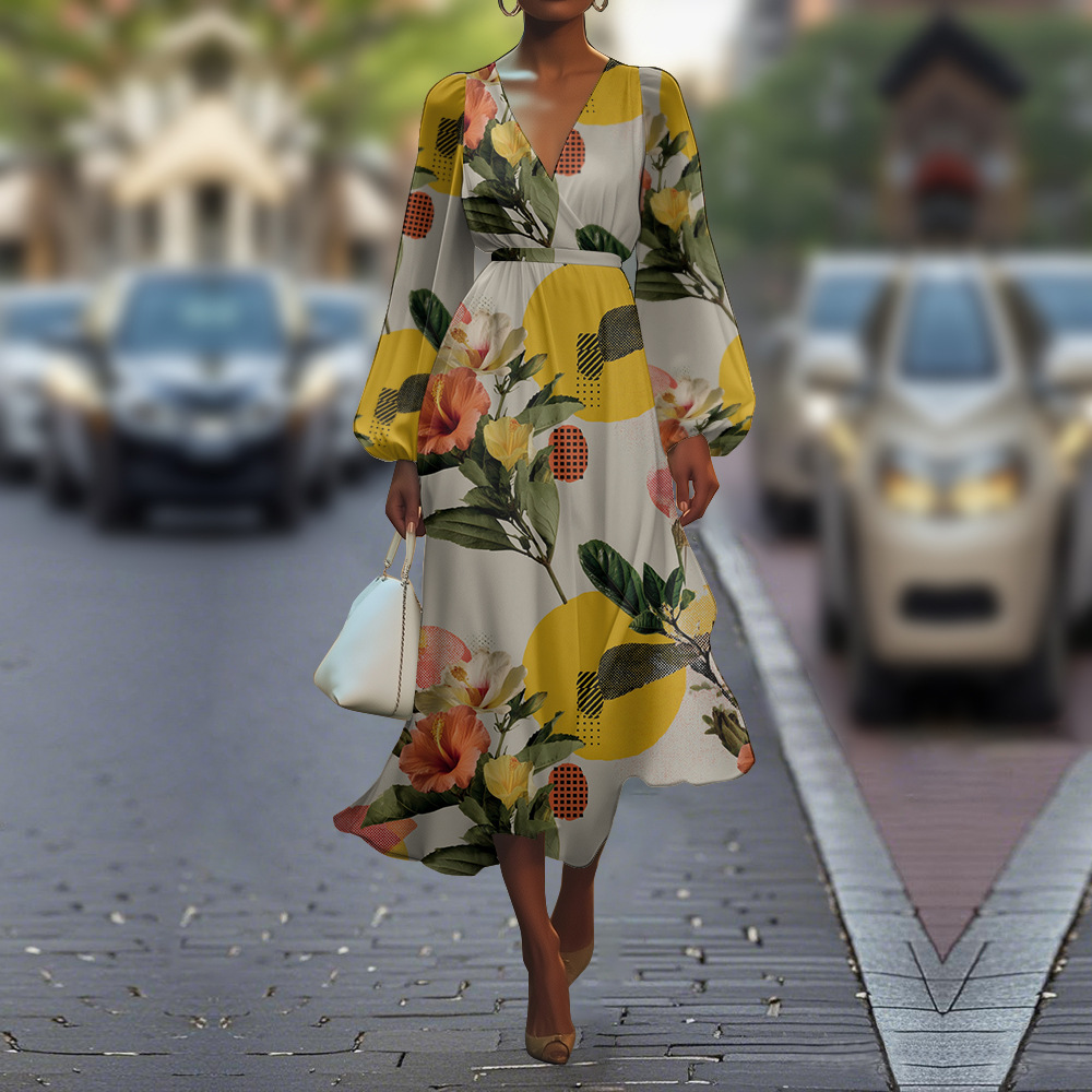 Women's V-Neck Dress Summer Fashion Floral Puff Sleeve Dress_ecoleips.com