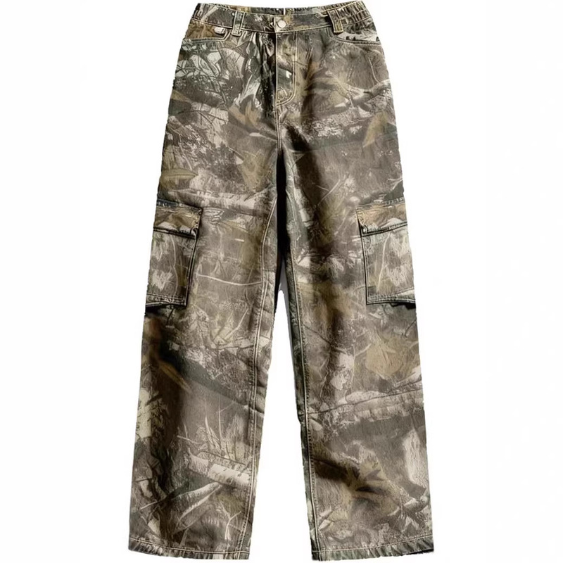 Camouflage Cargo Pants Straight-Leg Wide-Leg Jeans Jogger Sweatpants with Pockets Stretch Fabric for Women and Men